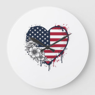 Patriotisk hjärta Blommig Vintage Gravyr Design_1 Stor Klocka