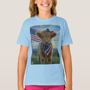 Patriotisk höglandskalv med amerikansk flagga t shirt