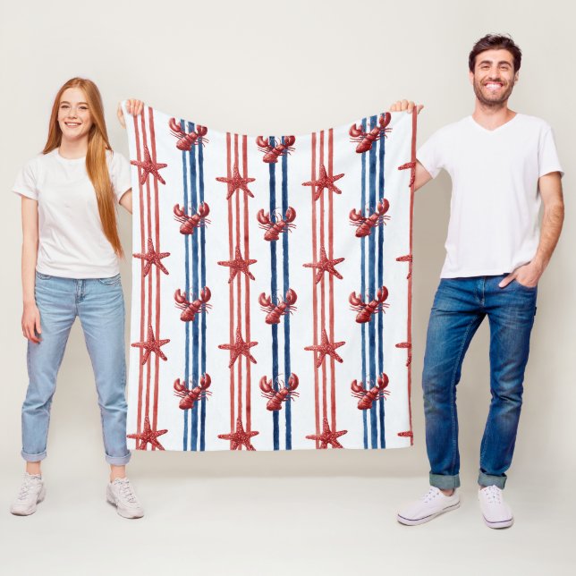 Patriotisk Hummer Röd Vit Blå Stjärnor (1) Fleecefilt (På plats)