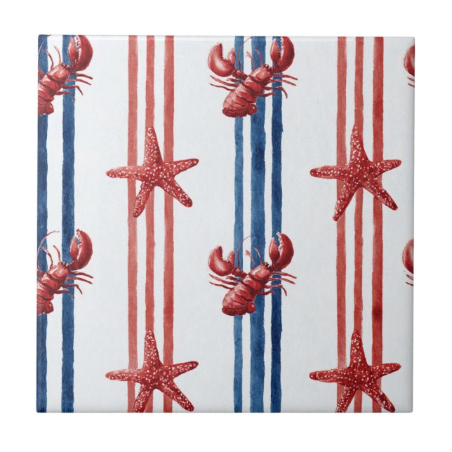 Patriotisk Hummer Röd Vit Blå Stjärnor (5) Kakelplatta (Framsidan)