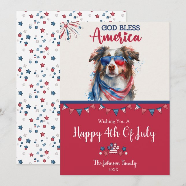 Patriotisk hund-australisk herde 4 juli-kort kort (Fram/baksida)