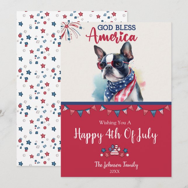 Patriotisk hund- Boston Terrier 4 juli-kort Julkort (Fram/baksida)