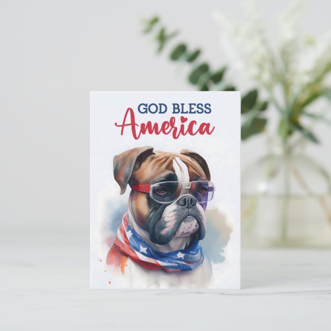 Patriotisk hund-boxer, Gud välsigne Amerika vykort (Stående Fram)