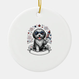 Patriotisk Hund Fyrverkerier Vintage Vector Tröja_ Julgransprydnad Keramik