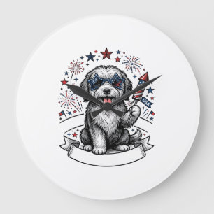 Patriotisk Hund Fyrverkerier Vintage Vector Tröja_ Stor Klocka