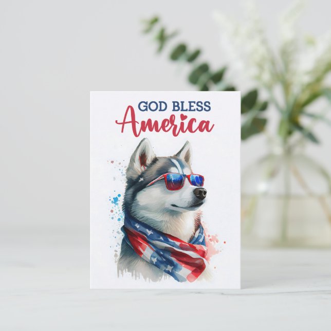 Patriotisk hund-Husky, Gud välsigne Amerika vykort (Stående Fram)