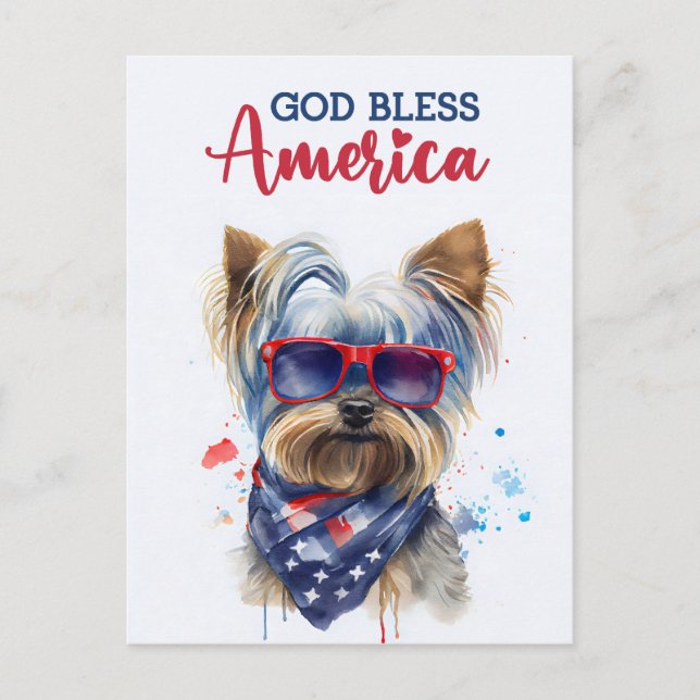 Patriotisk hund-Yorkie, Gud välsigne Amerika vykor Vykort (Framsida)