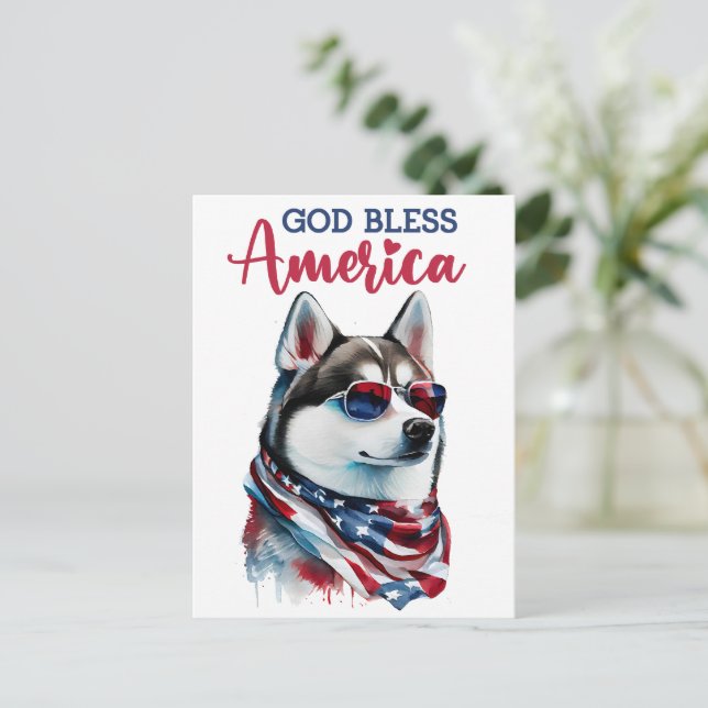 Patriotisk Husky, Gud välsigne Amerika vykort (Stående Fram)