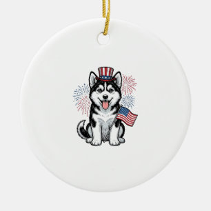 Patriotisk Husky Valp Vintage Gravyr T-Shirt Desi Julgransprydnad Keramik