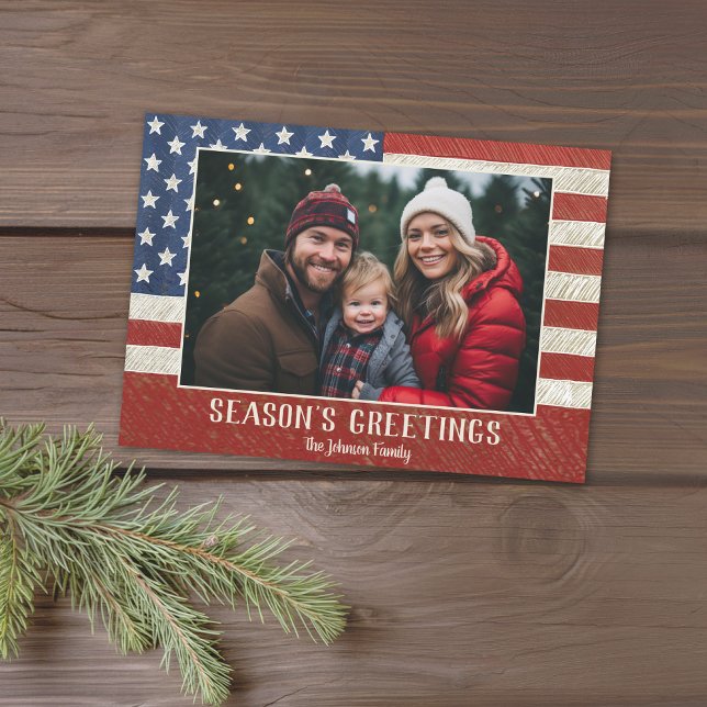 Patriotisk jul 1-foto, amerikansk Flagga Julkort (USA Flag design with a placeholder for 1 photo - Add a greeting and family signature)