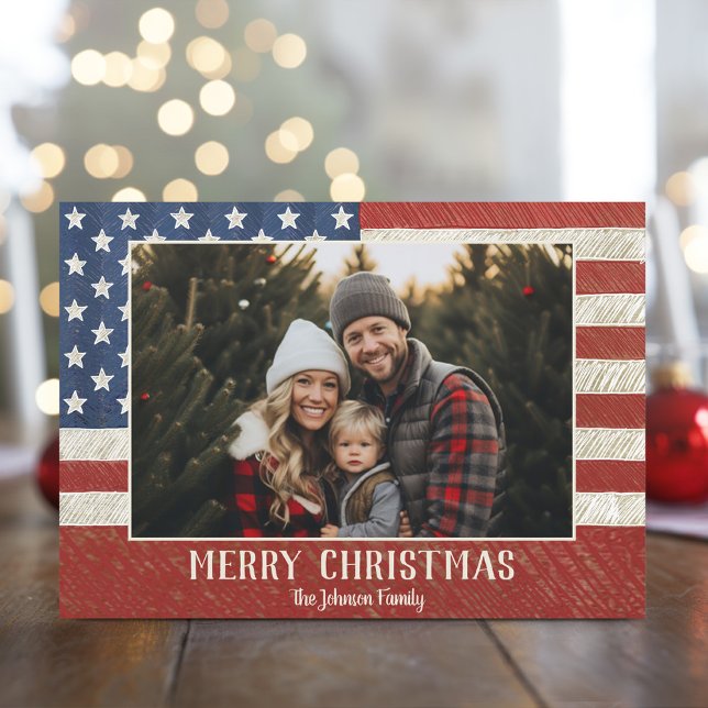 Patriotisk jul 1-foto, amerikansk Flagga Julkort (Christmas Photo Card with a USA Military Patriotic Theme)