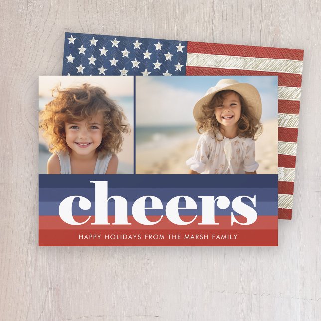 Patriotisk jul 2-foto, amerikansk Flagga Julkort (Patriotic Christmas card - red, white and blue stars)