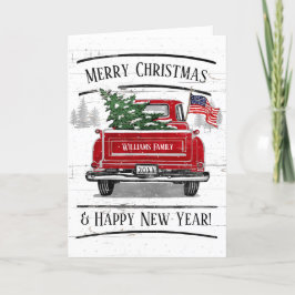 Patriotisk jul Vintage Red Lastbil Flagga Rustic Helgkort