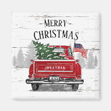 Patriotisk jul Vintage Red Lastbil Flagga Rustic