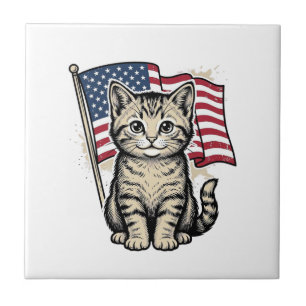 Patriotisk katt med amerikansk flagga Vintage Vect Kakelplatta