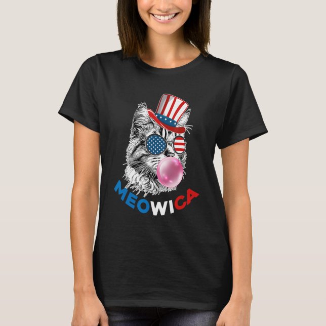 Patriotisk katt Meowica Bubblegum 4:e juli Katt T Shirt (Framsida)