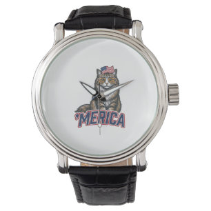 Patriotisk Katt Merica Vintage Gravyr T-Shirt Desi Armbandsur