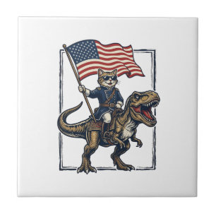 Patriotisk katt som rider på dinosaurie vintage ve kakelplatta