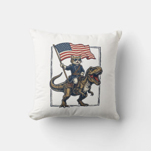 Patriotisk katt som rider på dinosaurie vintage ve kudde