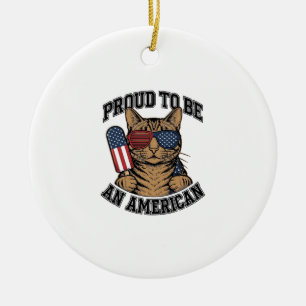 Patriotisk katt stolt över att vara amerikansk vin julgransprydnad keramik