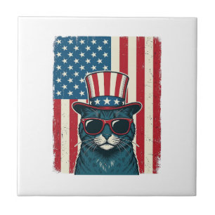 Patriotisk Kattflagga Vintage Gravyr T-Shirt Desig Kakelplatta
