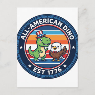 Patriotisk Kawaii Dinosaur Alla Amerikanska DINO E Vykort