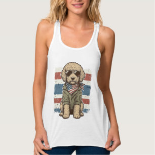 Patriotisk Klippdocka Hund Vintage Gravyr T-Shirt  Linne Med Racerback