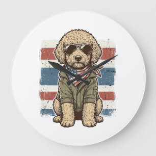 Patriotisk Klippdocka Hund Vintage Gravyr T-Shirt  Stor Klocka