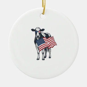 Patriotisk ko amerikansk flagga vintage gravyr des julgransprydnad keramik