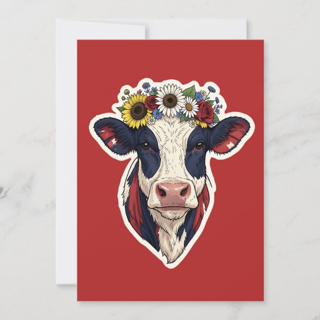 Patriotisk Ko Blommig Krona 4:e Juli Inbjudningar (Framsida)