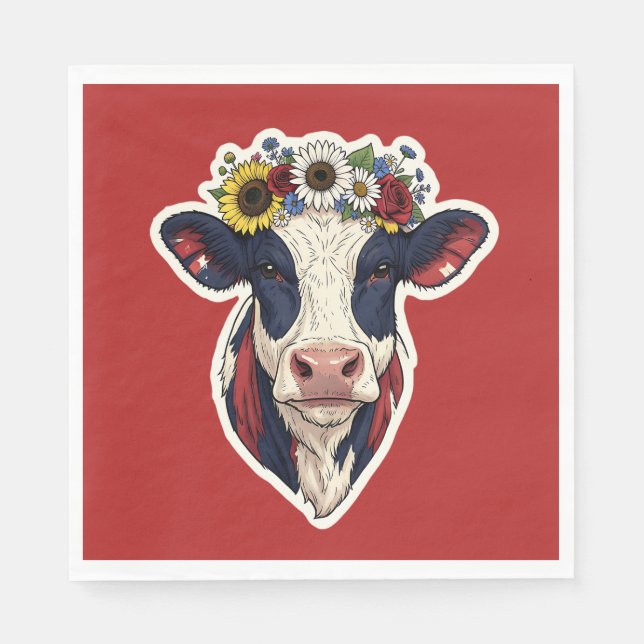 Patriotisk Ko Blommig Krona 4:e Juli Pappersservett (Framsidan)