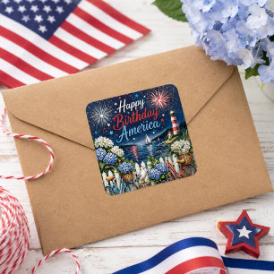 Patriotisk kust Happy Birthday America dekal Fyrkantigt Klistermärke