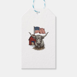 Patriotisk långhornad ko och röd ladugård vektor d presentetikett