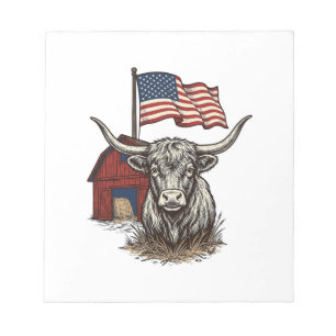 Patriotisk långhornad ko och röd ladugård vektorde anteckningsblock