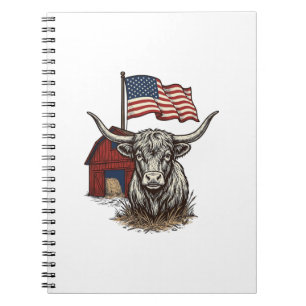 Patriotisk långhornad ko och röd ladugård vektorde anteckningsbok
