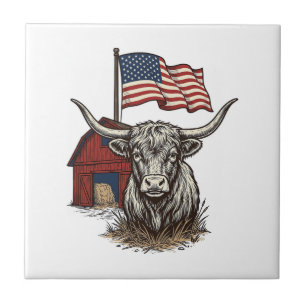 Patriotisk långhornad ko och röd ladugård vektorde kakelplatta