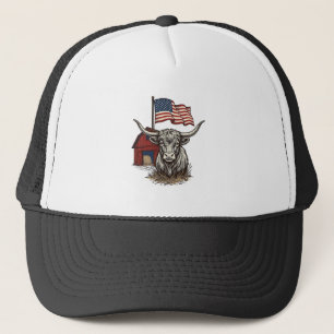 Patriotisk långhornad ko och röd ladugård vektorde keps