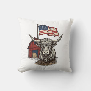 Patriotisk långhornad ko och röd ladugård vektorde kudde