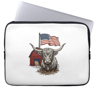 Patriotisk långhornad ko och röd ladugård vektorde laptop fodral