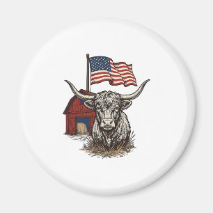 Patriotisk långhornad ko och röd ladugård vektorde magnet