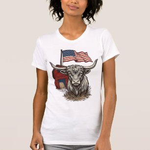 Patriotisk långhornad ko och röd ladugård vektorde t shirt