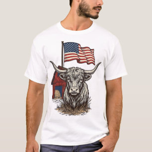 Patriotisk långhornad ko och röd ladugård vektorde t shirt
