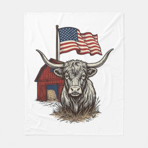 Patriotisk långhornig ko och röd ladugård vektorde fleecefilt