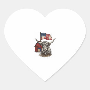 Patriotisk långhornig ko och röd ladugård vektorde hjärtformat klistermärke