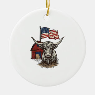 Patriotisk långhornig ko och röd ladugård vektorde julgransprydnad keramik