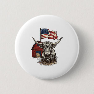 Patriotisk långhornig ko och röd ladugård vektorde knapp