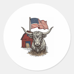 Patriotisk långhornig ko och röd ladugård vektorde runt klistermärke
