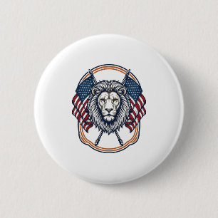 Patriotisk Lejon med Amerikanska Flaggor Vintage Knapp