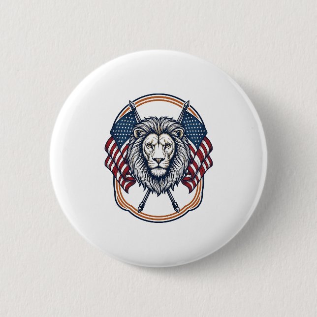 Patriotisk Lejon med Amerikanska Flaggor Vintage Knapp (Framsida)