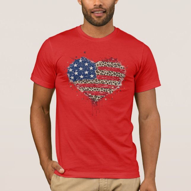 Patriotisk leopardtryck hjärta t-shirt - Amerikans (Framsida)